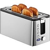 Mecity 4 Slice Toaster, Long Slot Toaster With Countdown Timer, Bagel / Defrost / Reheat / Cancel Functions,Warming Rack, rem