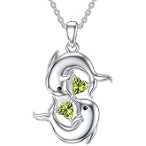 Plesitep 925 Sterling Silver Double Dolphin Birthstone Necklace for Women Heart Crystal Gemstone Birthstone Pendant for Her