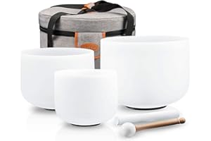 RYAN DVAN Crystal Singing Bowls Set of 3 – 6" B Crown, 8" G Throat, 10" F Heart bowls,Quartz Chakra Sound Bowls for Meditation & Healing, with Case, Mallet & Suede Striker
