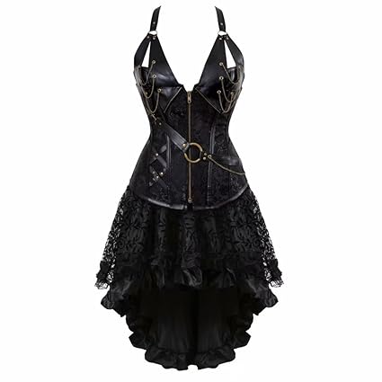 Damen Neckholder Corsage Leder Korsett Kleid Rock Gothic Steampunk Dessous Übergrößen Halloween Burlesque