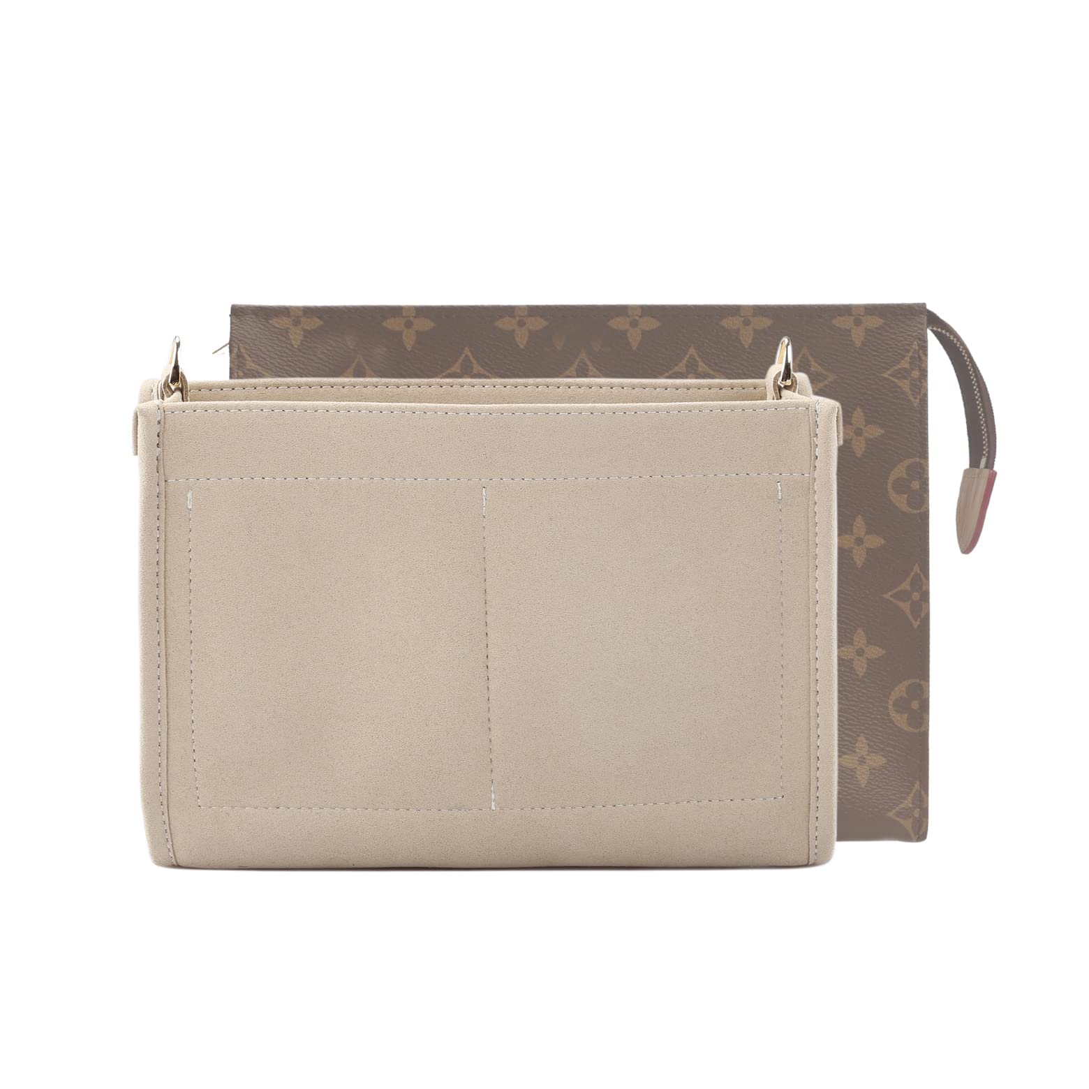 Senral Microfiber Small Bag Organiser Insert for Toiletry Pouch 26/19 Makeup Bag Organizer Insert Shaper with Gold Buckles (Light Khaki)