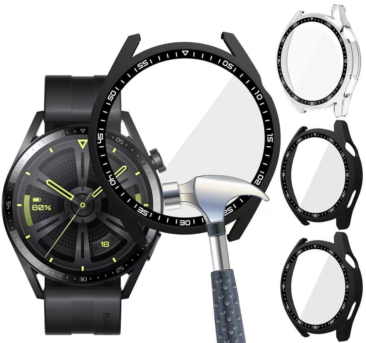 Acadeny Case With Tempered Glass Screen Protector Compatible for Huawei Watch GT3 46mm, 9H Hardness 360 ° All-round Protective Cover Ultra-thin Protective PC Case Cover for, Black