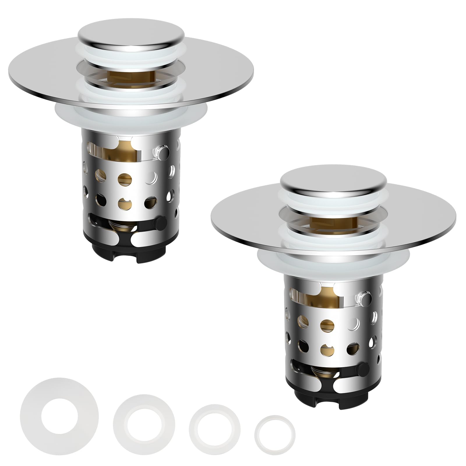Photo 1 of Universal Bathroom Sink Stopper Hair Catcher Upgraded with 2-Layer Detachable Filter Basket – 4 in 1 Pop Up Sink Drain Strainer, Anti-Clog, Odor-Block, Fit for 1.1''~2.36'' Sinks, 2PCS, Chrome