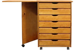 JELA-USA Jela Solid Wood 7 Drawer Gate Leg Roll Cart Desk in Medium Wood