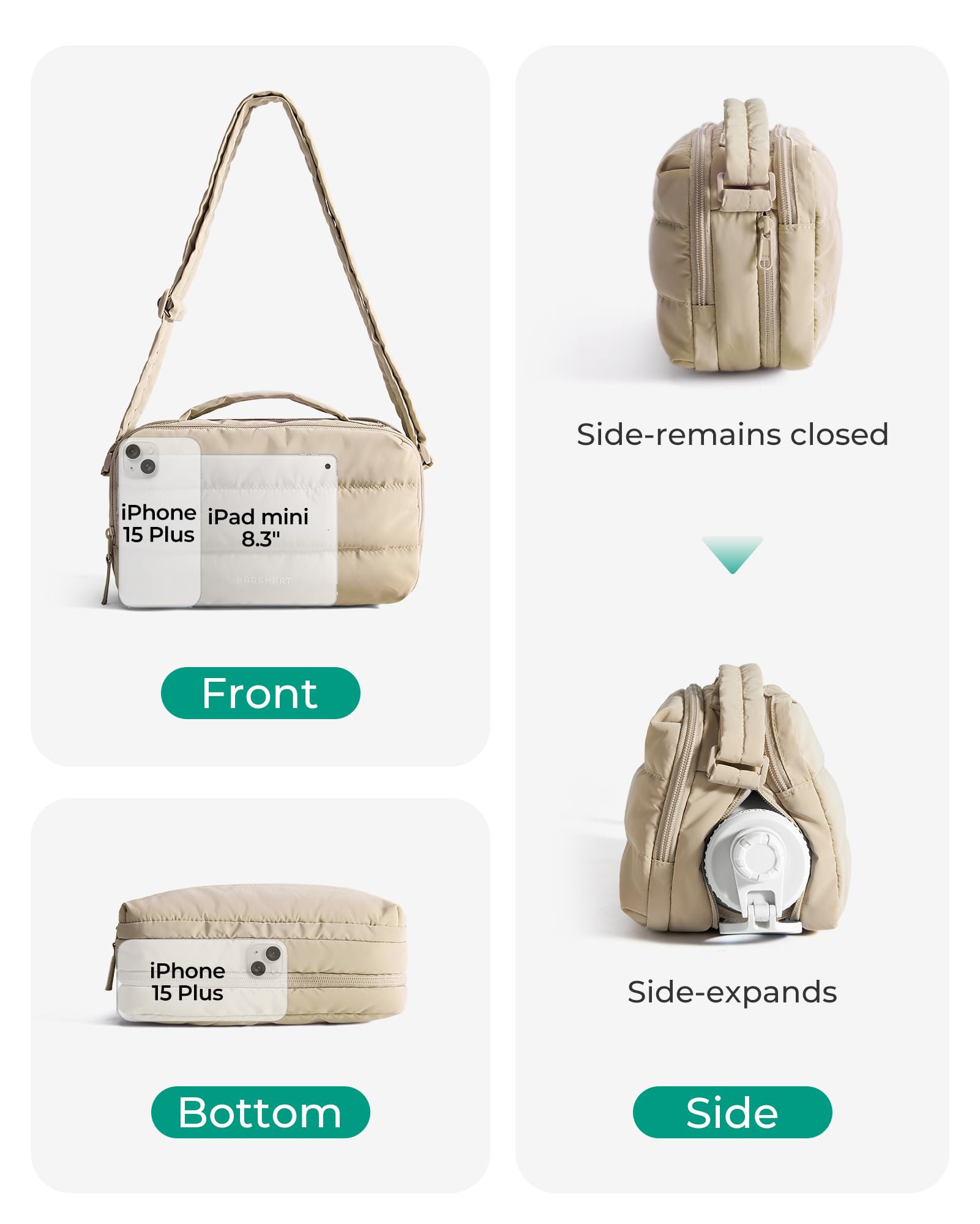 BAGSMART Travel Crossbody Purses for Women, Small Water Bottle Cross body Bag, Puffy Hobo Handbag with Water Bottle Pocket