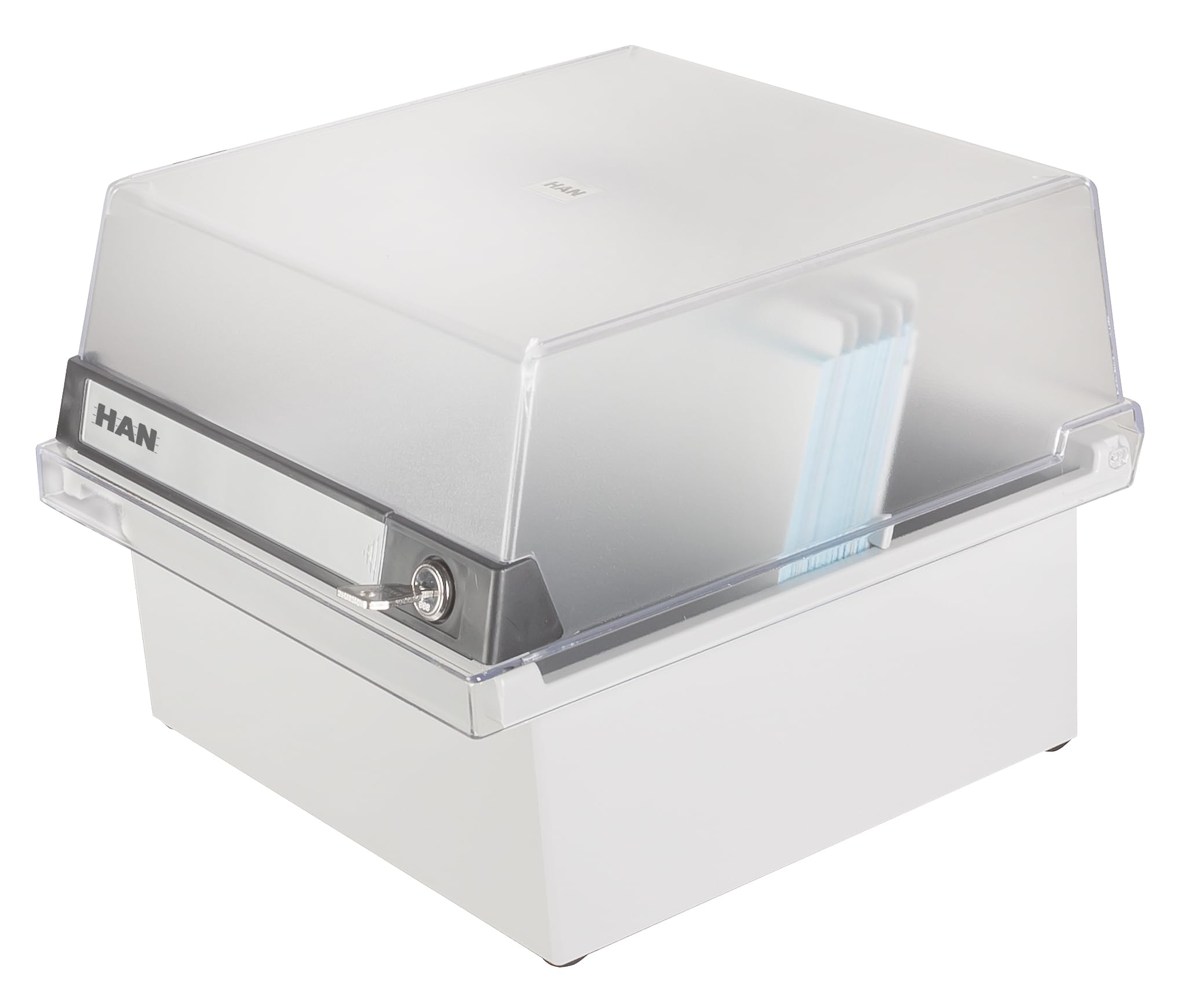 HAN 965-S-631, Card filing box Special Edition A5 landscape. Innovative, attractive design holds 800 cards with lock, readjustable lid supplied with large inscription label, light-grey-translucent
