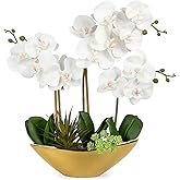 Briful Orchid Artificial Flowers 17in White Fake Orchid Silk Flowers with Gold Ceramic Pot Faux Orchid Arrangement for Home Office Room Coffee Table Centerpiece Modern Decoration