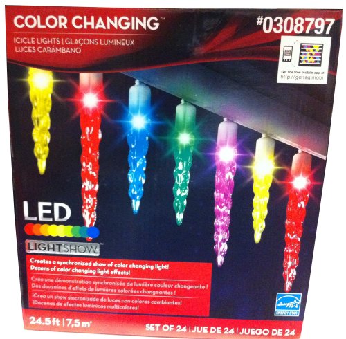 Gemmy LightShow 24-Count LED Color Changing Icicle Christmas Lights, Multi-Color, 24.5' Long