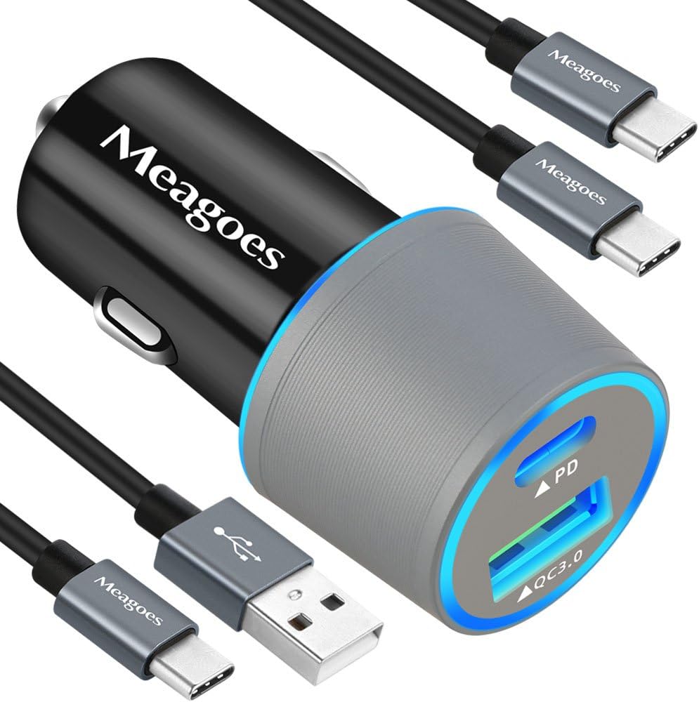 Meagoes Rapid PD Car Charger, Compatible for Google Pixel 3 XL/3/3a XL/3a/2 XL/2/XL/C, Moto Z3 Play/Z2 Force, Power Delivery & Quick Charge 3.0 Fast Car Adapter with 2 USB Type C Cords