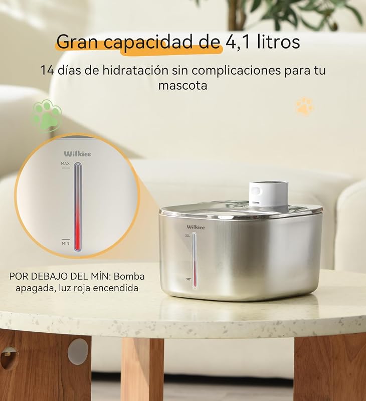Fuente de Agua para Gatos, Acero Inoxidable, 4.1 L, dispensador de Agua inalámbrico para Mascotas, para Gatos y Perros en Interiores