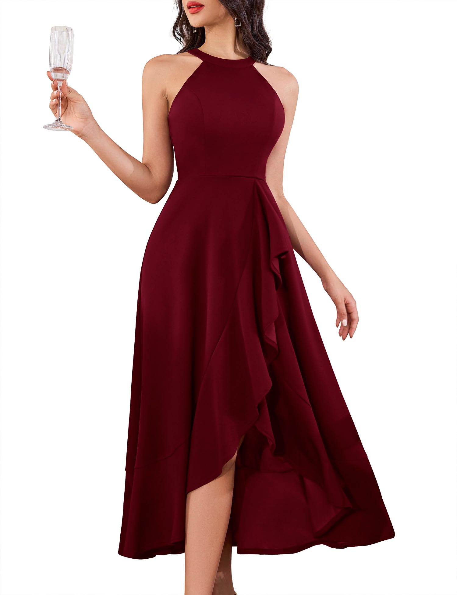 Photo 1 of Dressystar Womens Halter Split Hem Party Dress Elegant Long Formal Prom Dress Cocktail Wedding Guest Maxi Dresses LM08 Dark Red M