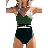 CUPSHE Women's One Piece Swimsuit V Neck Bathing Suits Color Block Cutout Ruching Back Self Tie O Ring