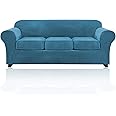PrinceDeco Velvet Couch Covers for Sofa Soft 4 Pieces Couch Covers for 3 Cushion Couch Sofa Pet Friendly Furniture Protector with Non Slip Elastic Bottom Width Up to 90 Inch (Large, Blue)