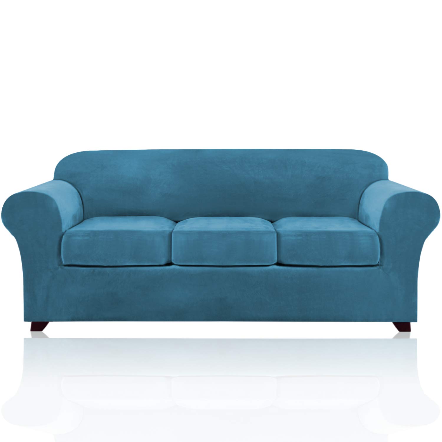 4 Pieces Sofa Covers Stretch Velvet Couch Covers for 3 Cushion Sofa Slipcovers Thick Soft Sofa Slip Covers with 2 Non Slip Straps Furniture Covers with 3 Individual Seat Cushion Covers (Large, Blue)
