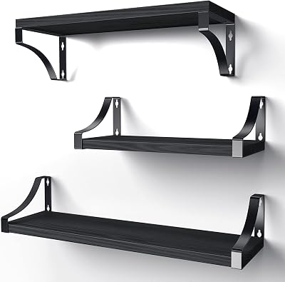 Pipishell Floating Shelves Wall Mounted Paulownia Wood Set of 3 Black