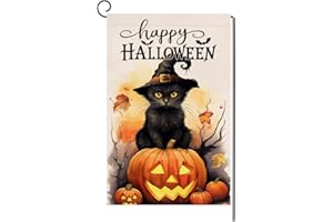 BLKWHT Halloween Cat Garden Flag 12x18 Vertical Double Sided Happy Halloween Pumpkin Holiday Outside Decorations Burlap Yard Flag BW479