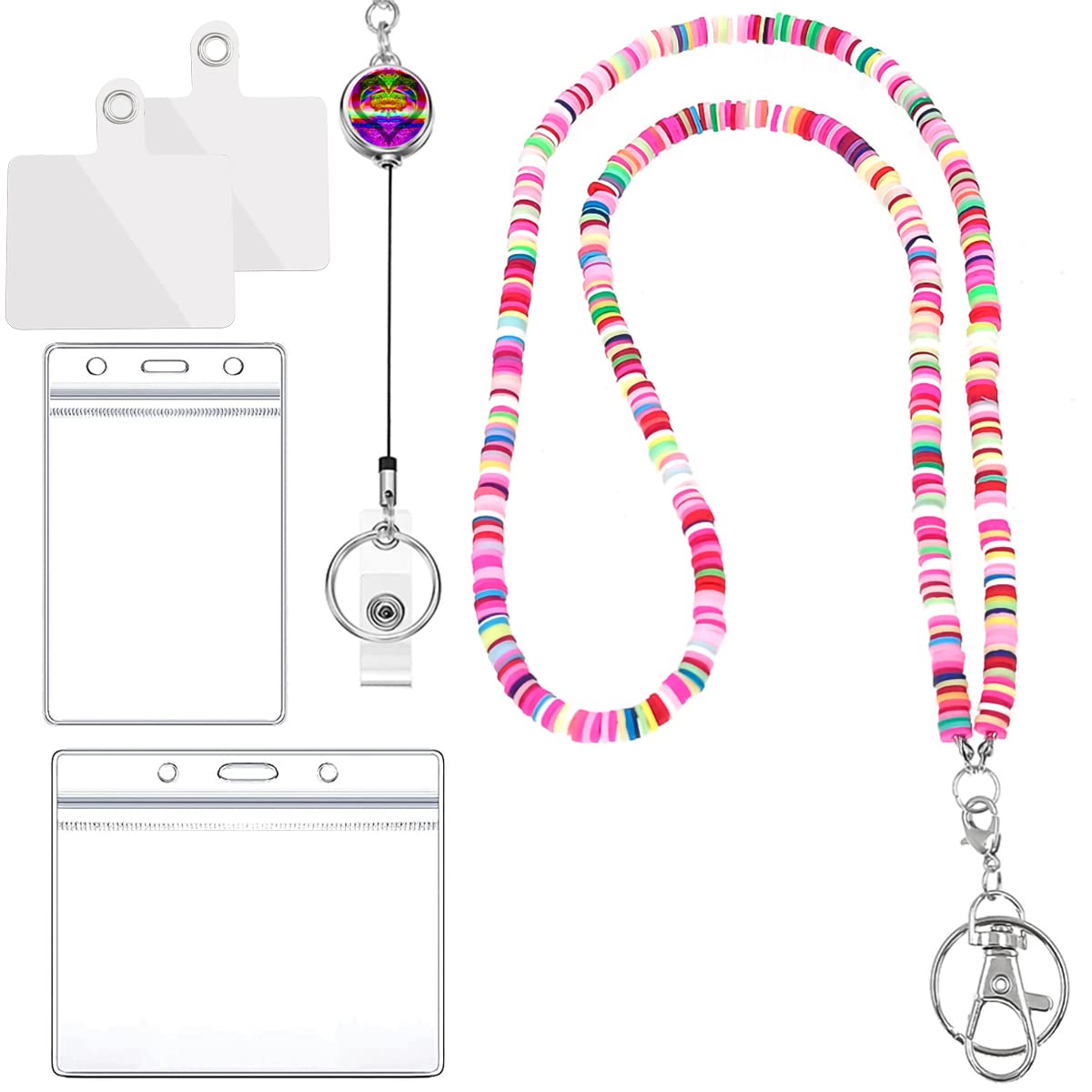 Boho Beaded Lanyards for ID Badges with 2 Buckles + 2 Styles ID Holder + 2 Phone Tether Tabs, Cute Lanyard Teacher Retractable Badge Reel Lanyards Necklace Keys Neck Keychain Cruise for Women