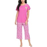 Tugege Womens Pajama Sets Short Sleeve Sleepwear Tops with Capri Pants Fun Printed 2 Piece Lounge Pjs Set