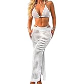 EHSUYAB Women Sexy Two Piece Crochet Swimsuit Coverup, Slit Maxi Bikini Skirt Cover Up, Sheer Boho Bathing Suit Beach Outfits