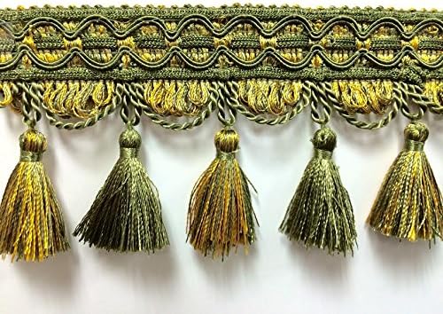 4" Tassel Fringe Trim TF-9/17-11 Grenn & Bright Gold (Sold by the yard)