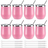 FristChoice 12 oz Insulated Wine Tumbler with Lid and Straw,Stainless Steel Stemless Wine Tumbler Glasses Double Wall Vacuum Wine Cups Tumbler Bulk for Coffee,Champaign,Cocktail,Office(Pink,8)
