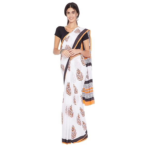 Finest Quality Cotton - Handblock printed Green and White - Mughal motifs Saree with Blouse Piece BHKPSA0018