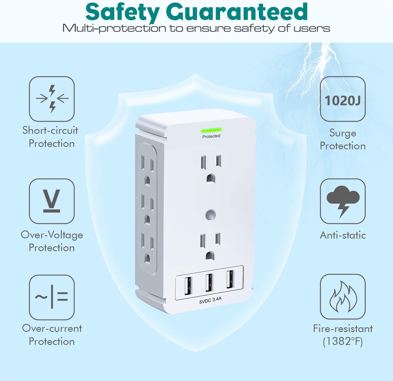 Defway Socket Shelf Charging Outlet 8 Electrical Outlet Extenders And 3 Usb Ports With Removable Built