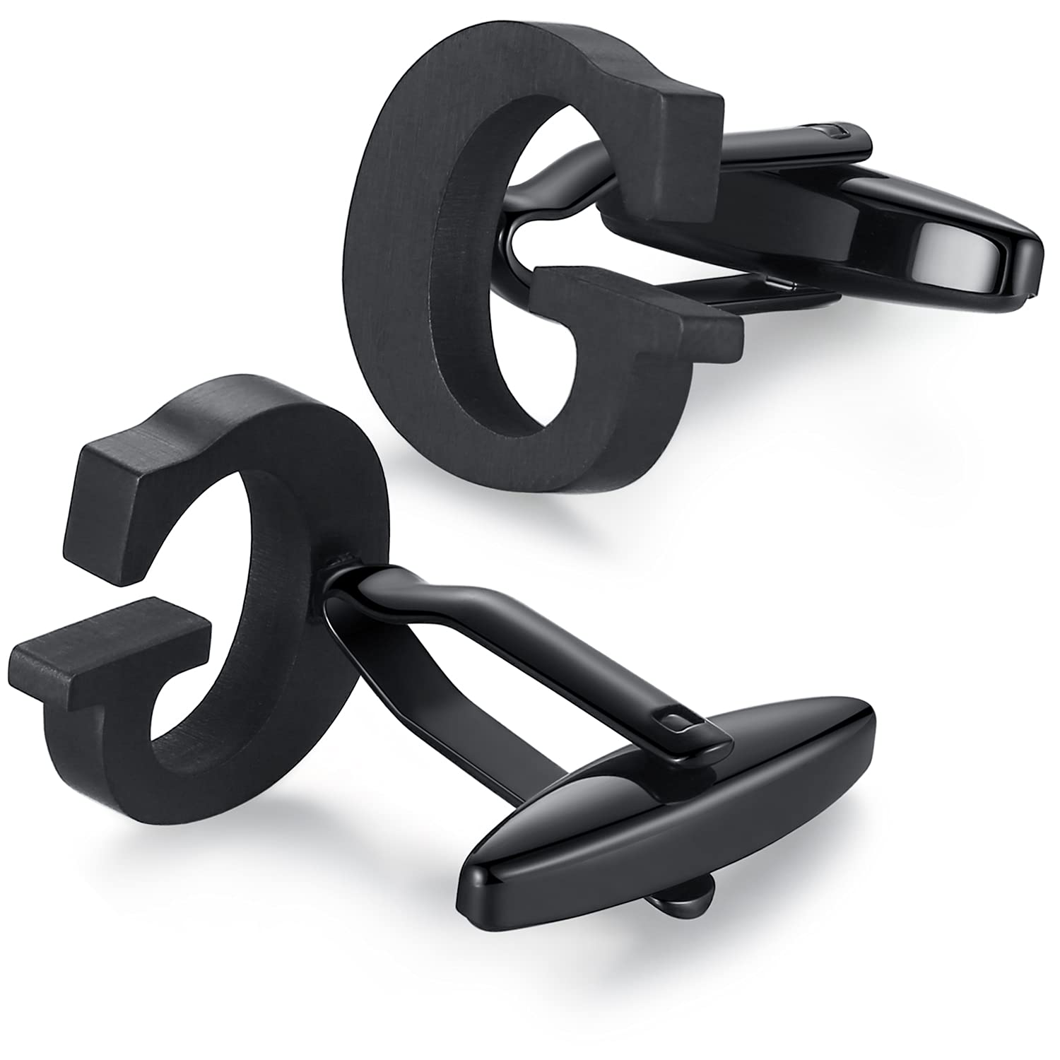 HONEY BEAR Mens Initial Alphabet Letter Cufflinks,Stainless Steel for Wedding Formal Business Gift (G-Black)