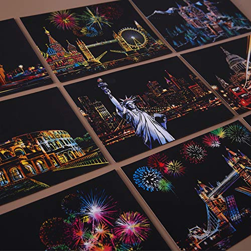 Scratch Art Paper(7.9"x 5.5") for Kids & Adults, Mini Scratch Off Art Night View Scratchboard, Painting Gift, Craft Kits : 2 Sheets Scratch Cards & Drawing Pen, Clean Brush (Building&City)