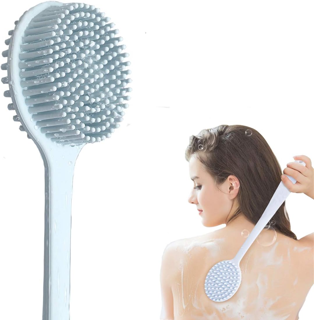 Silicone Bath Body Brush, Longer Handle Shower Back and Leg Brush, Skin Scrubber for Face and Spa Washing, Bathing Brush with Gentle Massage Nodes for Relaxing and Circulation