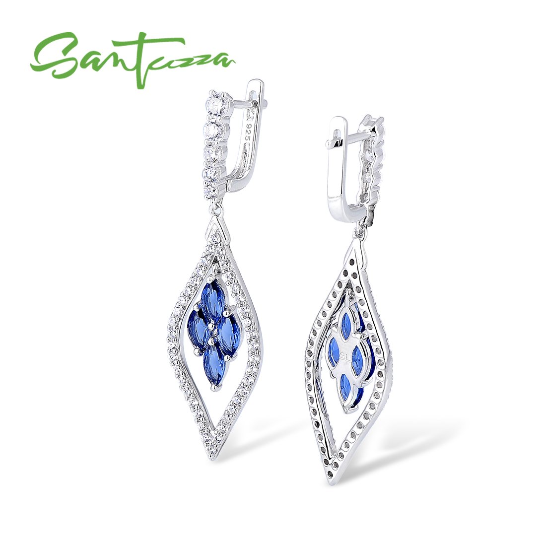 Santuzza Sterling Silver Sapphire Color Stone Earrings For Women Blue Crystal CZ Jewelry