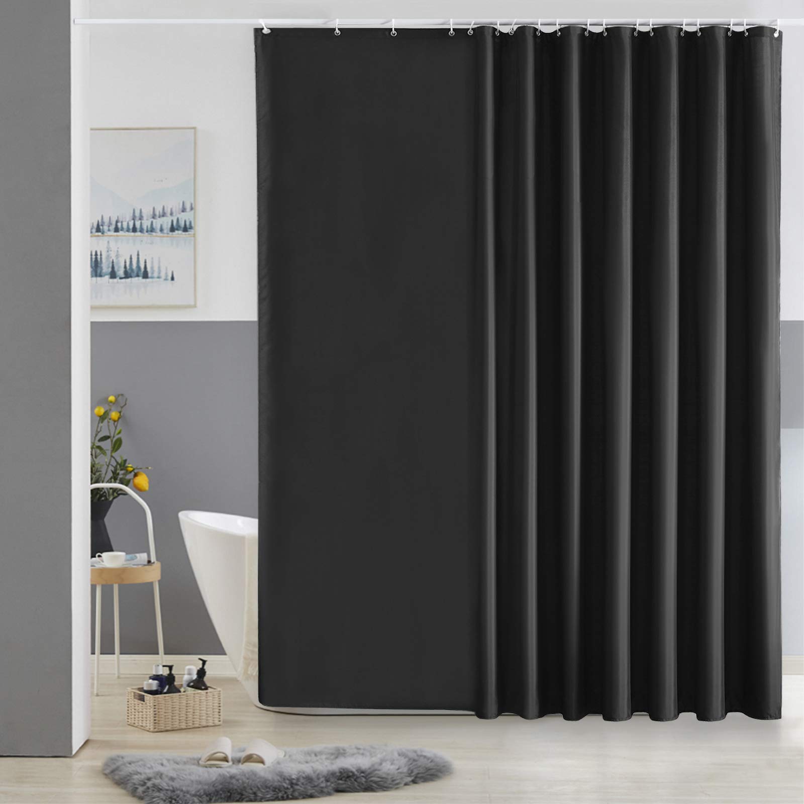 Furlinic Extra Wide Shower Curtain Fabric Washable Mould Proof Waterproof for Bathroom Bath Curtains Sets With 18 PCS Plastic Hooks Black 108 x 72 Inch 275 x 180cm.
