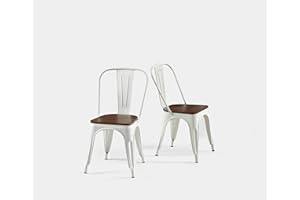 SOLEGGIATA White Metal Dining Chairs Set of 2 with Wooden Seat Iron Stackable Industrial Tolix Style Outdoor Farmhouse Kitchen Cafe Arctic White Color