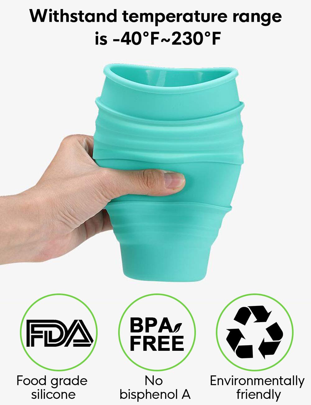 Reusable Collapsible Silicone Cup - Idealife Folding Cup Max Up to 18 Oz/550ml Camping Mug 3 Capacities, BPA free Pocket Mini Size Travel Drinking Cup with Hook for Outdoor Sports, Home (Green)