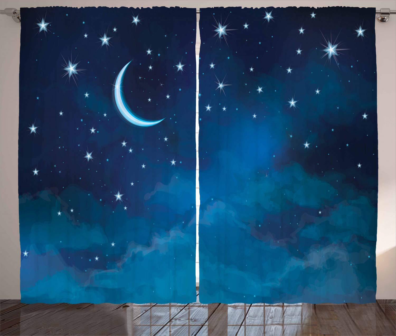 ABAKUHAUS Stars Curtains, Night Skyline Illustration with Watercolor Effect Crescent Moon and Clouds, Living Room Bedroom Window Drapes 2 Panel Set, 96 W X 110 L, Night Blue Light Blue — image 1