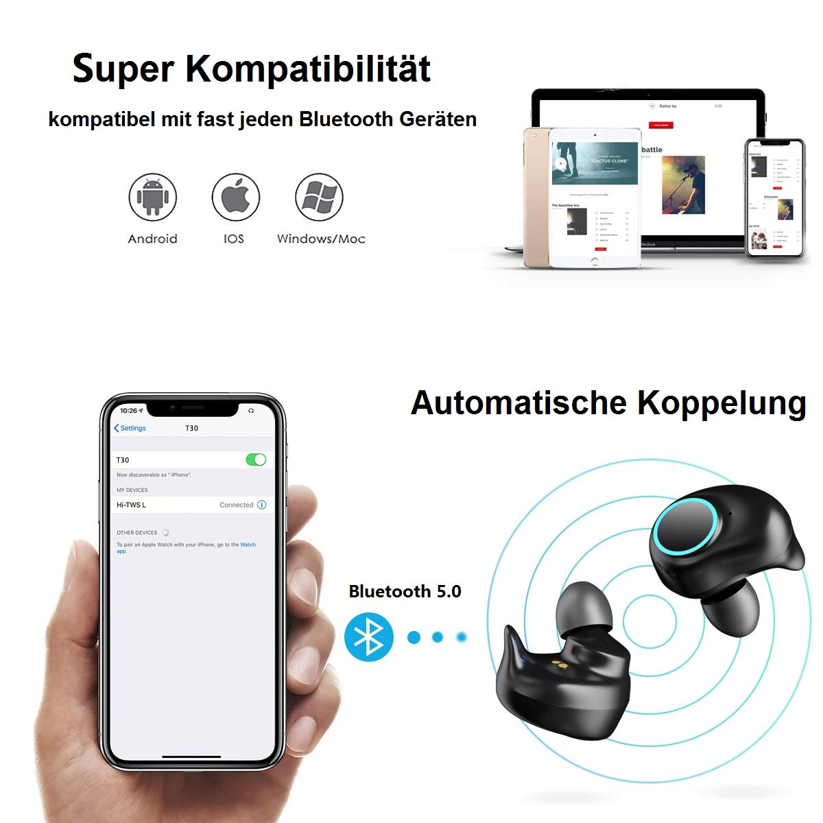 Bluetooth Kopfhörer, WU-MINGLU Bluetooth 5.0 Kopfhörer in Ears Kabellose HiFi Headset IPX5 Wasserdicht Ohrhörer Stereo-Sound Earbuds für alle Bluetooth Geräte, Sport, Entspannung