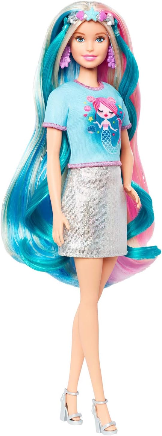 Barbie Fantasy Hair Doll with Colourful Blonde Hair, Unicorn Hair Crown and Mermaid Hair Crown, Doll Accessories - Image 4