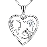 AmorAime 925 Sterling Silver Heart Necklace Nurse Birthstone Necklace 14K Gold Plated or Rose Gold Plated Stethoscope Necklaces for Doctor Medical RN for Festival or Holiday