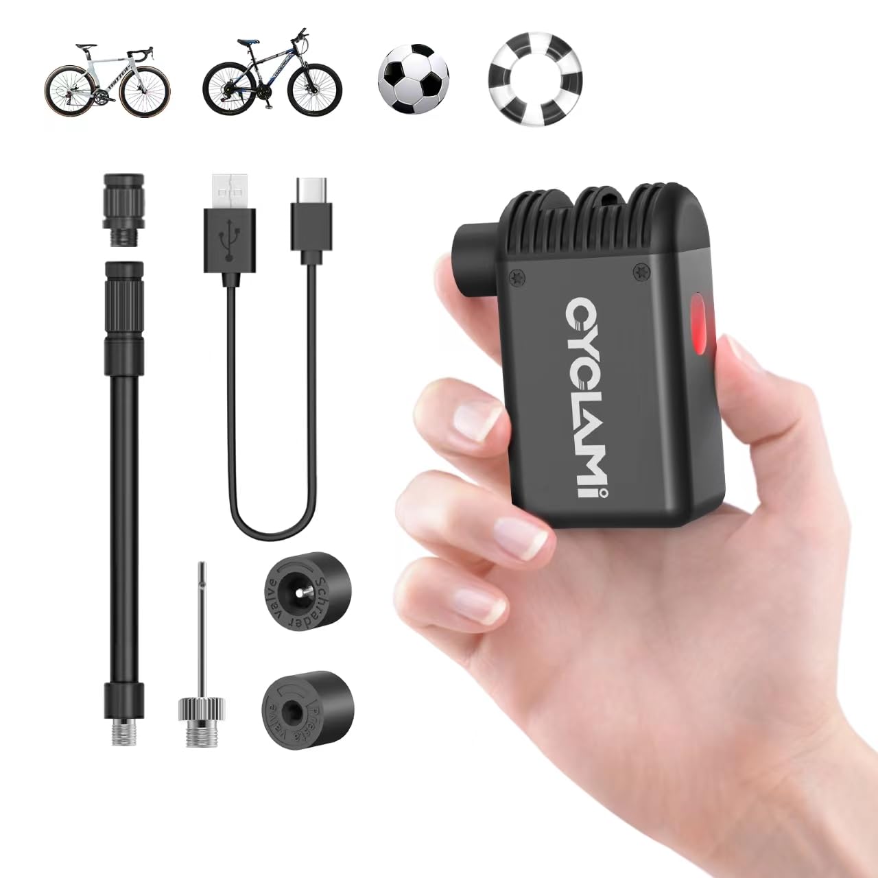 CYCLAMI Electric Bike Pump Mini 100PSI Portable Bicycle Pump with Schrader & Presta Tire for MTB Road Bikes Ball Rechargeable Compact Light