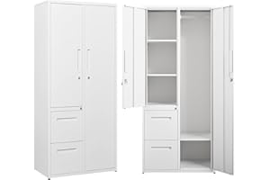 BYNSOE Metal Locker with 2 Drawers Employees Locker with 2 Doors Metal Storage Cabinet with Locking for Home School (White)