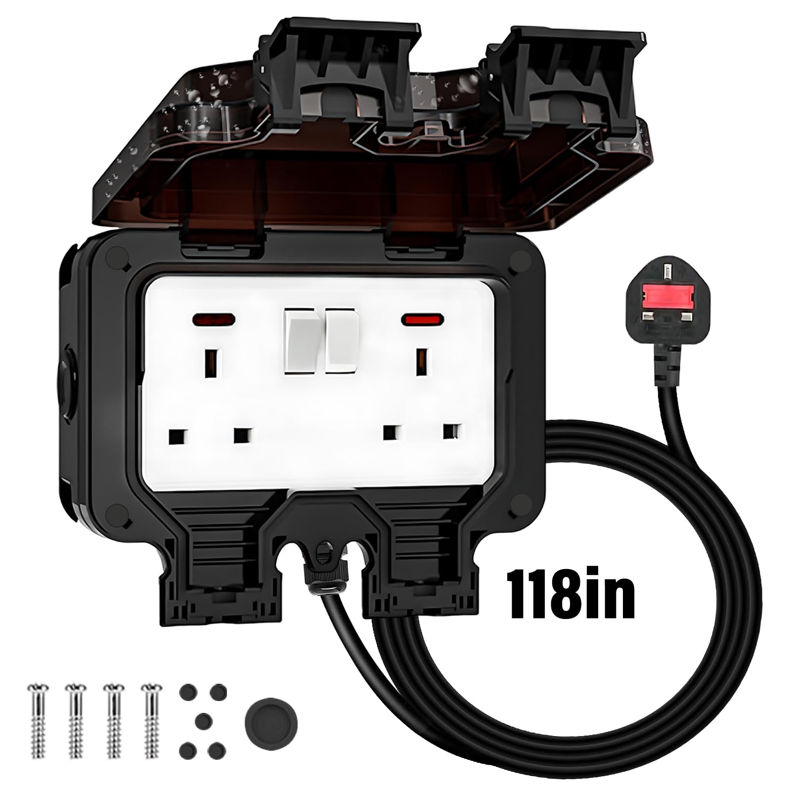 FOVNOT Outdoor Waterproof Double Socket With 3M Extension Lead - 13A IP66 Wall Electrical Outlet Outside Plug Box