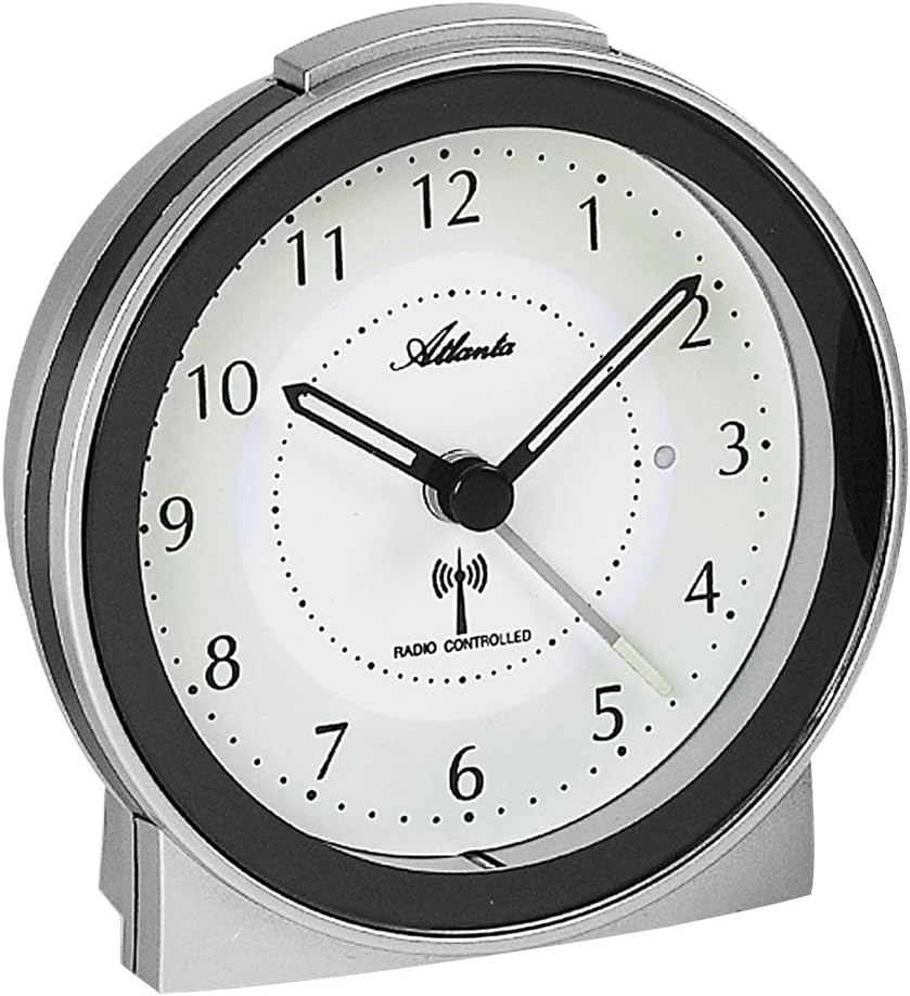 Atlanta 1855/19 Radio Controlled Alarm Clock, Repetition, Ansteigendes Ringtone, Dial Illumination, Quiet Drive, Luminous Dial Black and Silver