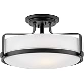 Hinkley Harper 3643BK Large Semi-Flush Ceiling Light, Sleek, Retro Style, Black and Etched Opal Glass