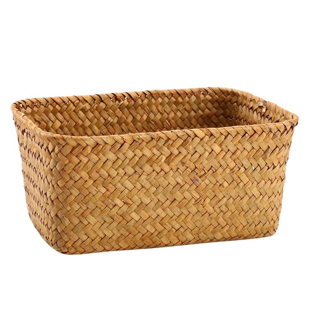 Alipis Seagrass Woven Basket, Small Storage Basket Rectangular Organizer Tray Decorative Shelf Weave Sundries Container Desktop for Makeup, Clothes, Toys, Stationery ()