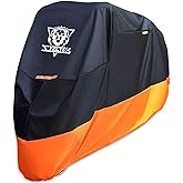 XYZCTEM Motorcycle Cover – All Season Waterproof Outdoor Protection – Precision Fit up to 87 Inch Tour Bikes, Choppers and Cruisers – Protect Against Dust, Debris, Rain and Weather(Black& Orange)