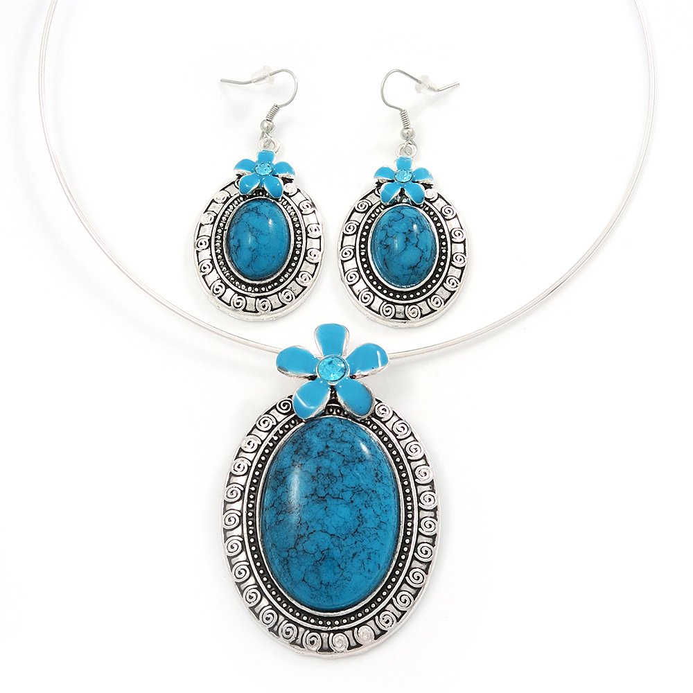 Avalaya Large Turquoise Oval Medallion Flex Wire Necklace & Earrings Set In Silver Plating - Adjustable
