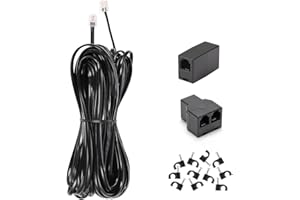 MENEWSTART Long Telephone Extension Cord 50ft, Black, Phone Cable Line Wire with Standard RJ11 Plug, 1 Phone Line Splitter, 1 in-line Coupler and 35 Cable Clips for Telephone Calling Communication
