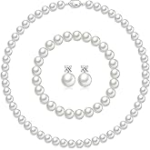 Pttozan Pearl Necklaces for Women,8mm Pearl Necklace and Earring Bracelet Jewelry Set for Women Men Wedding Birthday Valentine Christmas Day Gifts