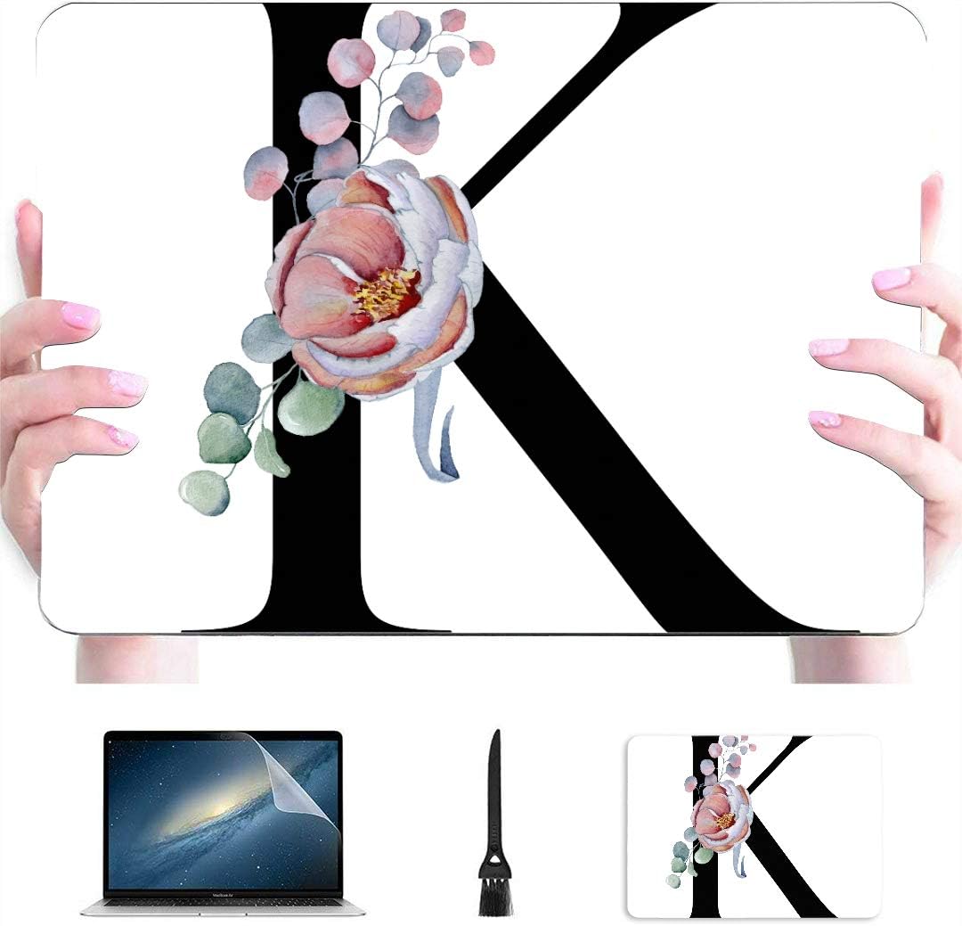 Cover for Laptop Floral Watercolor Alphabet Monogram Initial Letter Plastic Hard Shell Compatible Mac Mac Cover Protection Accessories for MacBook with Mouse Pad