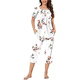Bestbee Womens Pajama Sets 2 Piece Summer Sleepwear Ladies Pjs Henley Neck Short Sleeve Capri Pant With Pockets